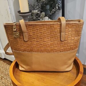 BRAHMIN Woven Leather Tote Tan Satchel Purse Classic American Heritage